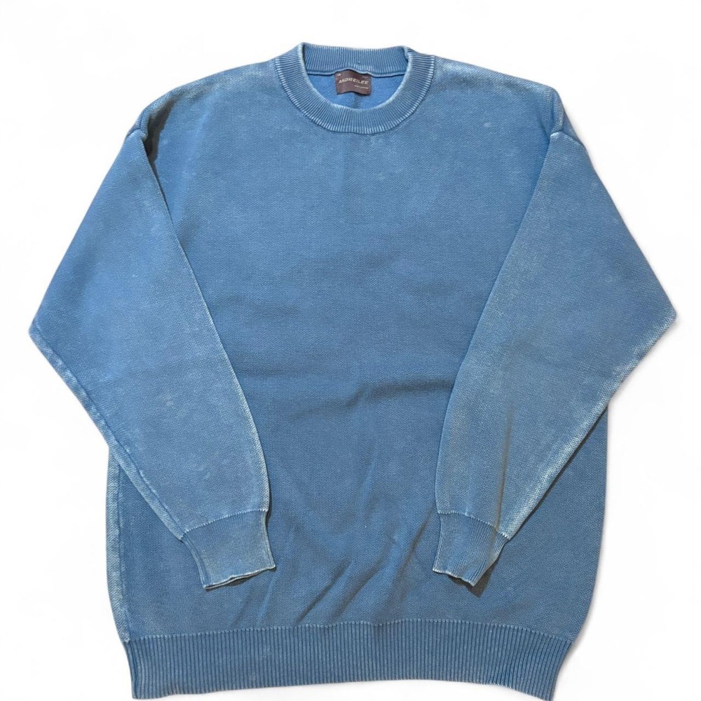 Andreilee Mens Washed Blue Crewneck Sweater Vintage Style Minimalist Knit Large